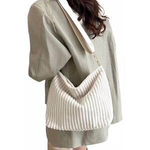 NEW 42POPS corduroy slouchy tote bag with guitar shoulder strap in ivory